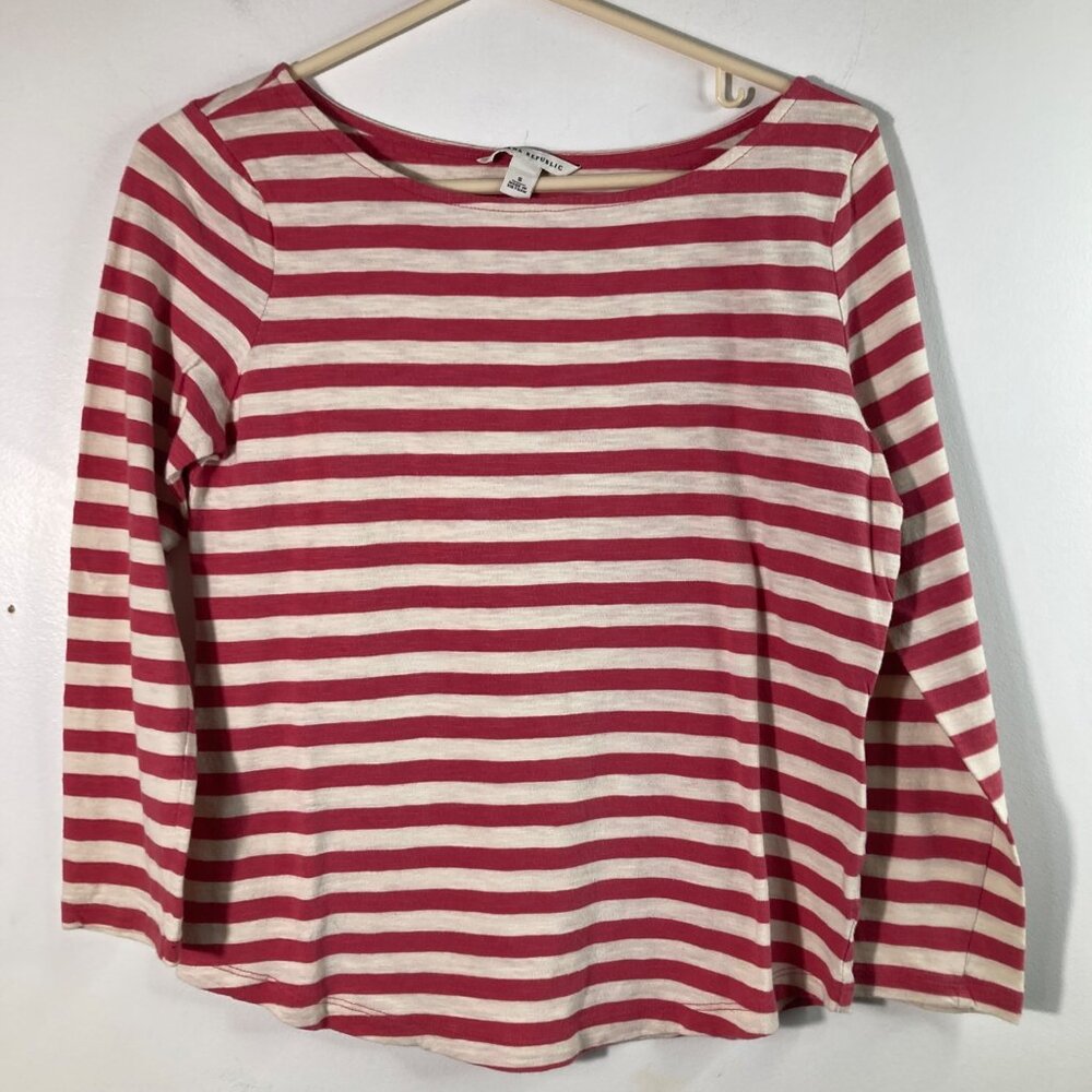 Banana Republic Breton Stripe 3/4 Sleeve Tee shirt S Pinkish Red White‎